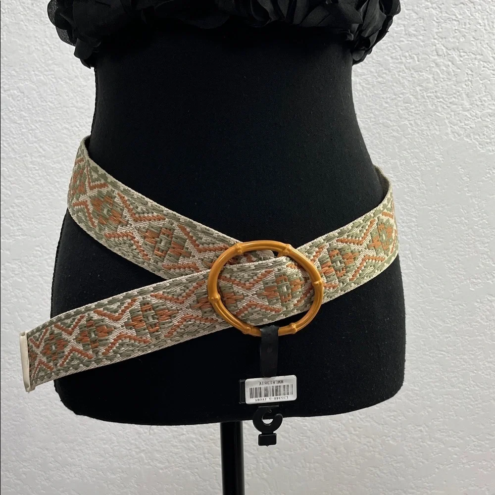 Womens Woven Aztec Embroidered Pattern Waist Belt Round Buckle Beige & Olive 19”